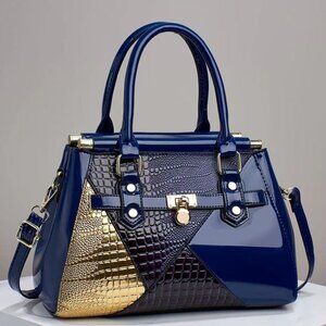 Women's Shiny Crocodile Textured Padlock Satchel - Shoulder Bag